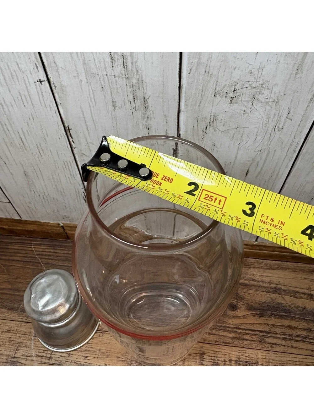 Vintage Cocktail Shaker Red Stripe Art Deco Glass MCM Aluminum Cap Drink Mixer